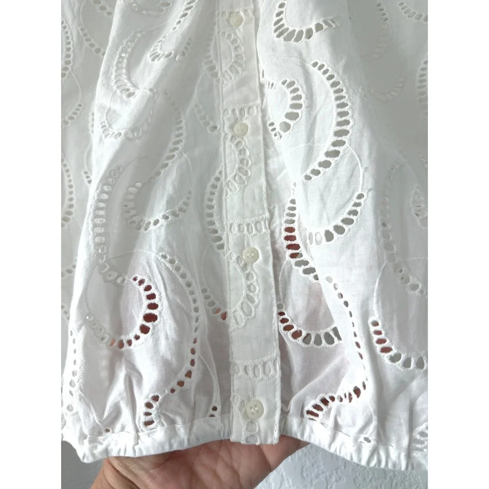 H&M White Cotton Eyelet Button Front Balloon Sleeve Blouse Large NWT Boho Summer